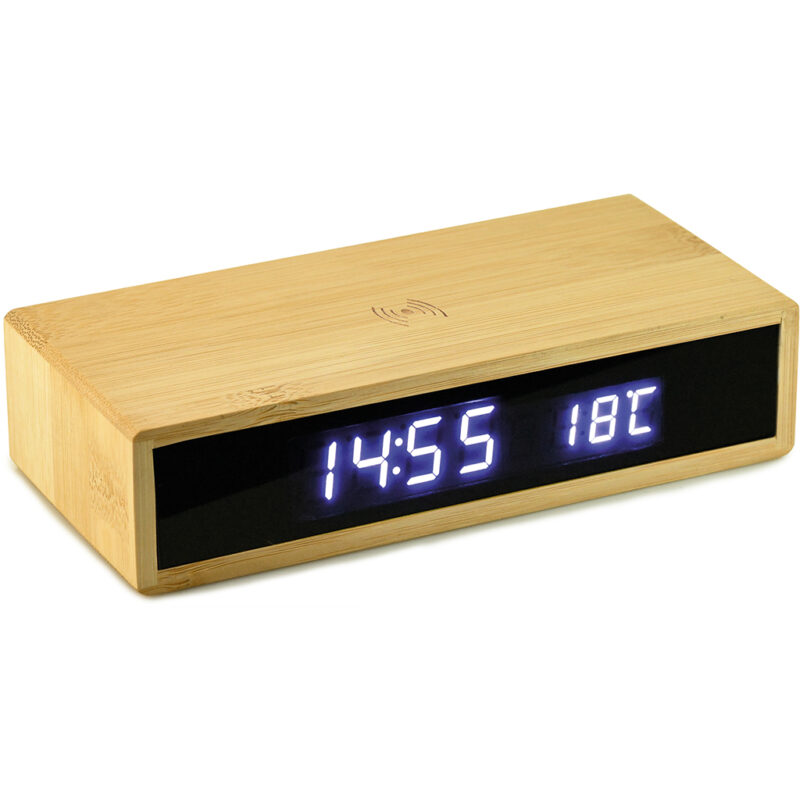Sveglia lcd da tavolo con caricatore wireless in bamb