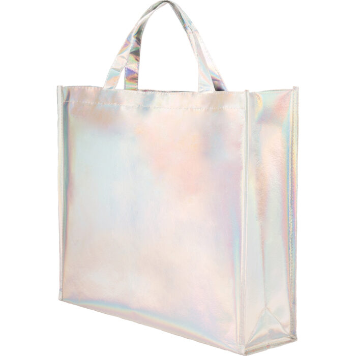 Borsa shopper con soffietto in tnt laminato iridescente