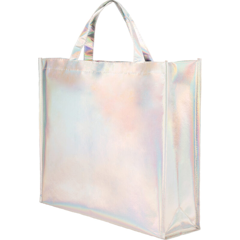 Borsa shopper con soffietto in tnt laminato iridescente