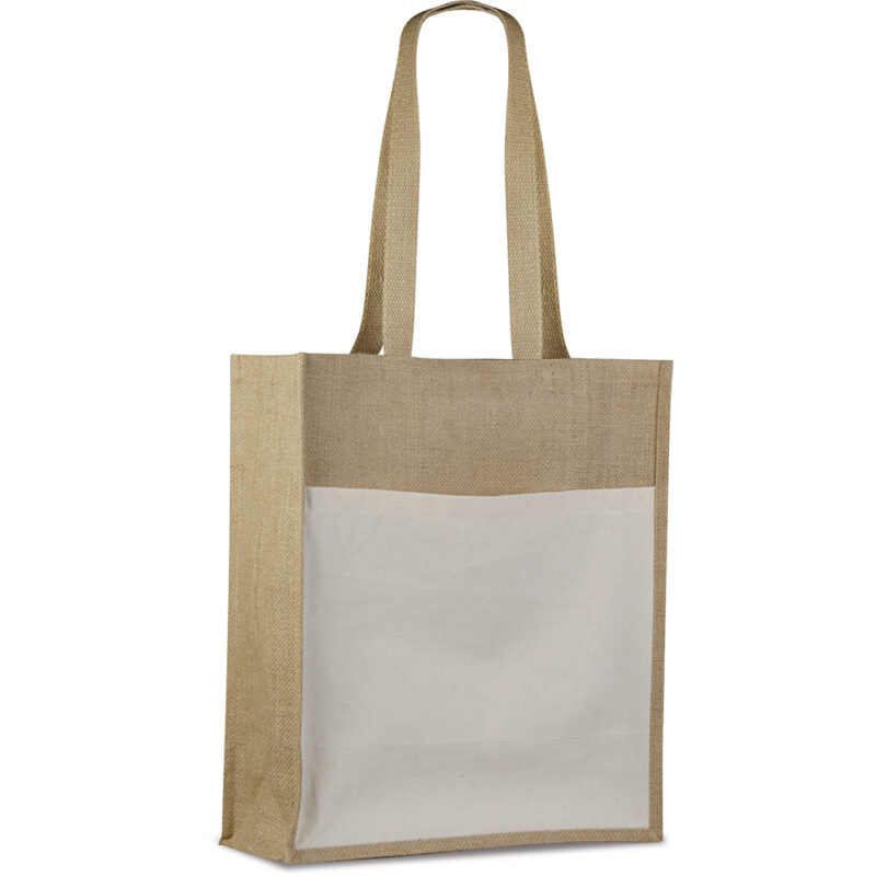 Borsa shopper con soffietto in iuta e cotone